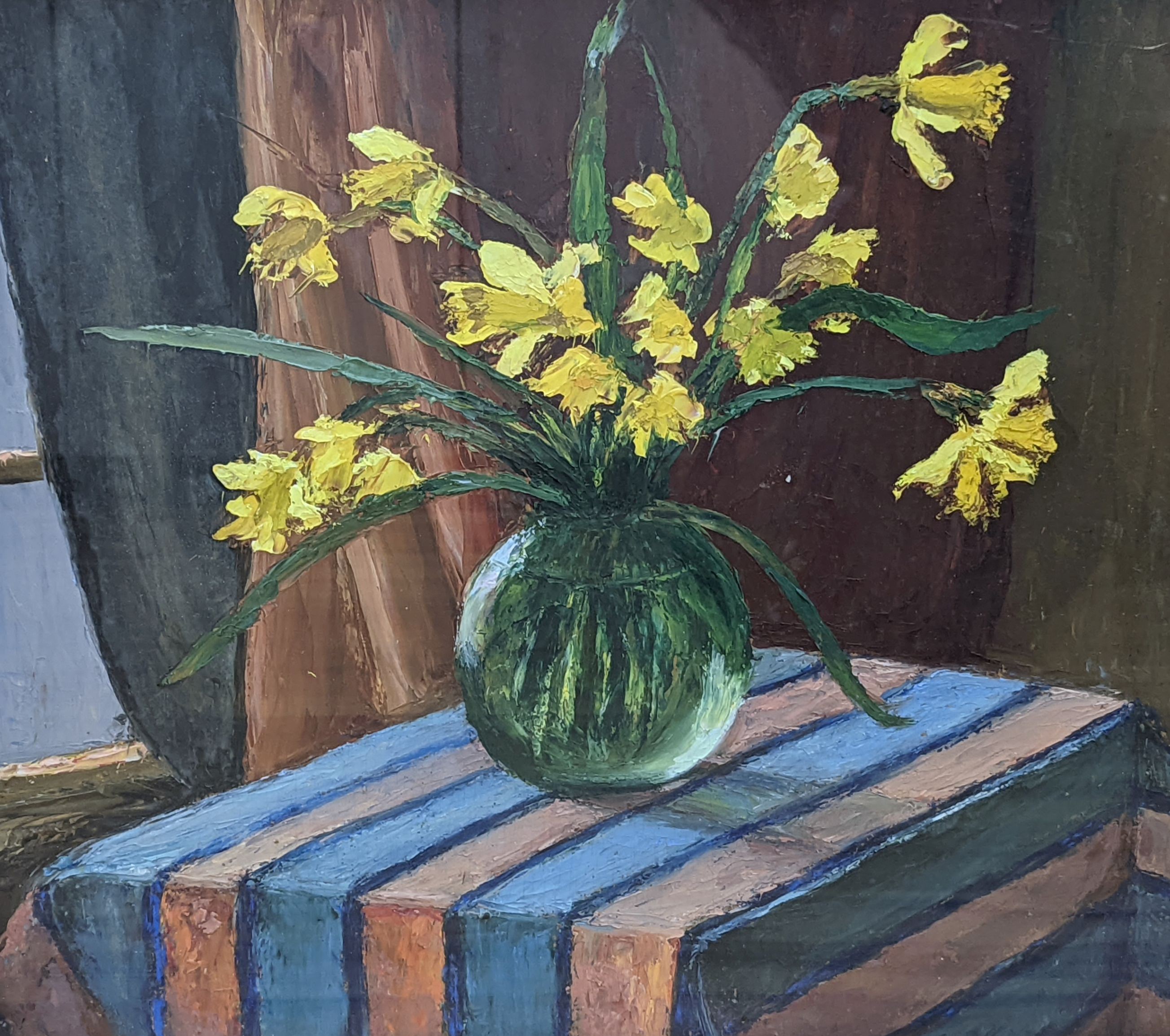 Piero Sansalvadore (1892-1955), oil on board, Still life of Narcissi in a glass vase, inscribed verso and dated 1928, 45 x 50cm
